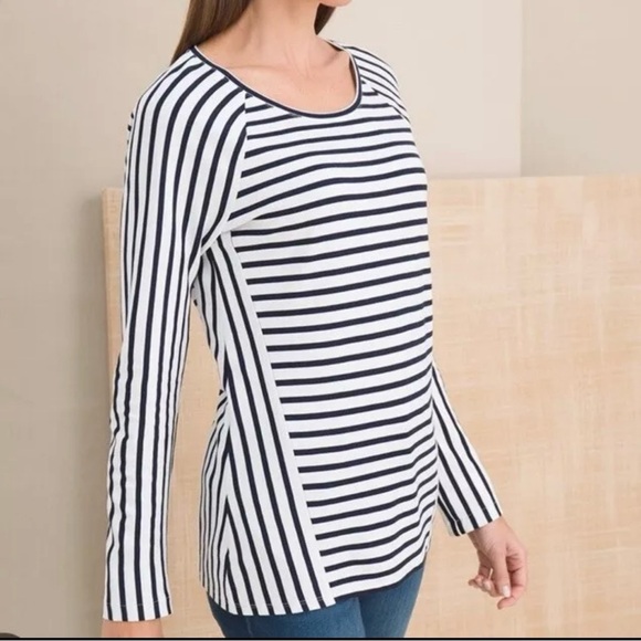 Chico’s Ponte Blue White Shirt Top 2 L NWT - Picture 1 of 4